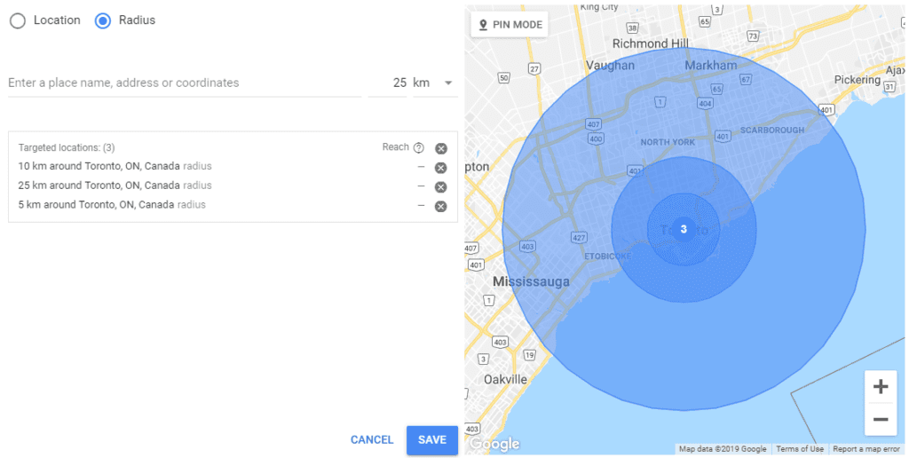 Google radius targeting