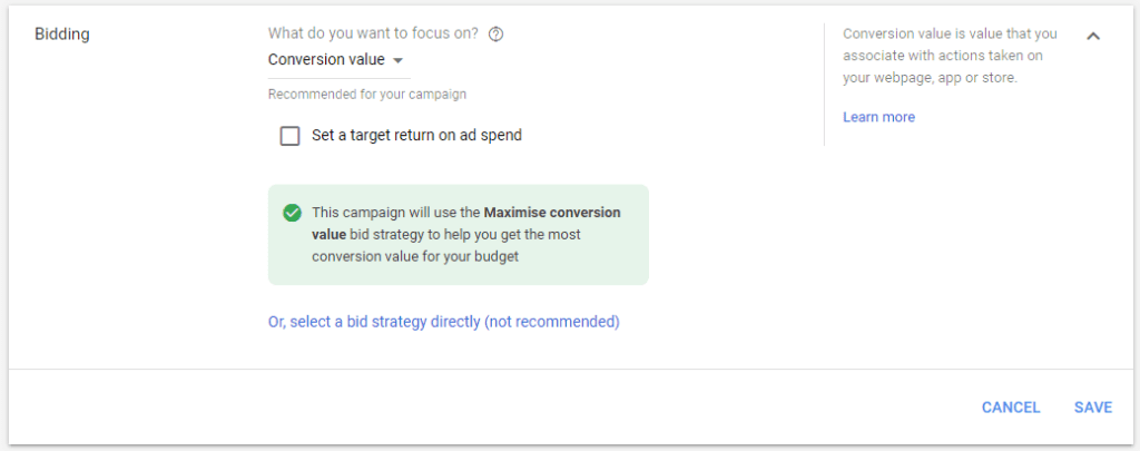 Maximize conversion value bidding