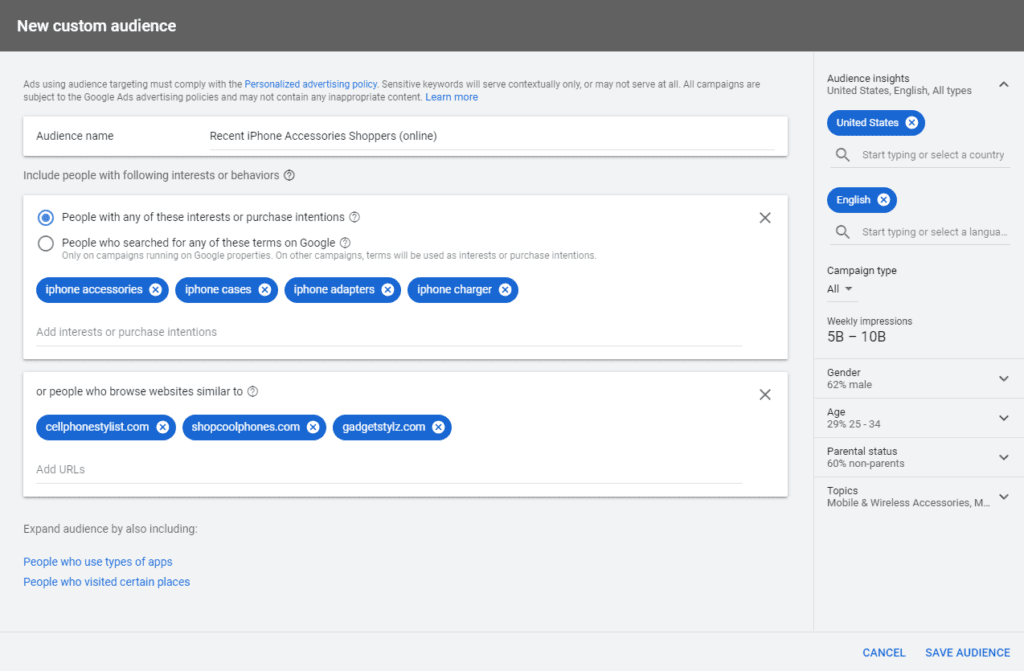 Google Ads custom audience - new ppc features